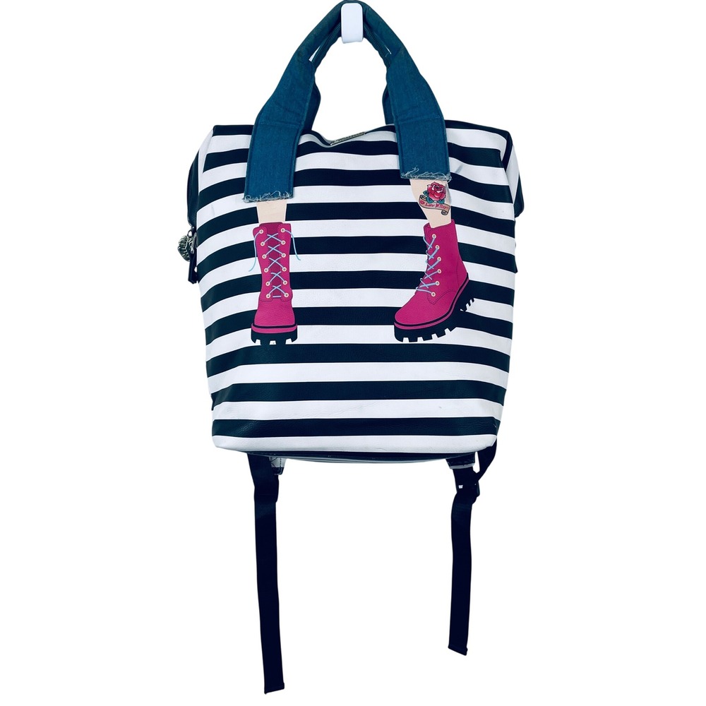 Luv Betsey Johnson Striped Backpack Pink Combat Boot Graphic Denim Handle Bag